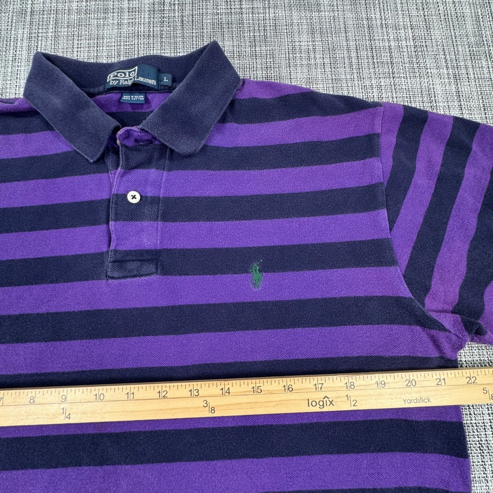 Polo Ralph Lauren Mens Polo Shirt Striped Cotton Pony Logo Purple Black Large - Picture 4 of 6